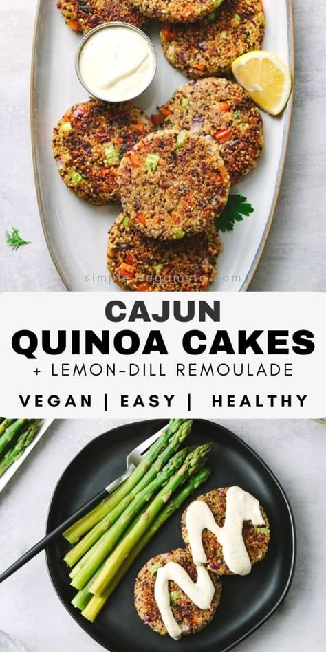 Cajun Quinoa Cakes features crispy, veggie filled quinoa patties topped with a spicy lemon-dill remoulade and make a fantastic meatless meal that even meat eaters will love! #quinoa #plantbased #healthyrecipes Cajun Quinoa, Vegan Fritters, Quinoa Cakes, Vegan Cajun, Quinoa Patties, Quinoa Cake, Clean Eating Vegetarian Recipes, Crispy Quinoa, Quinoa Burgers