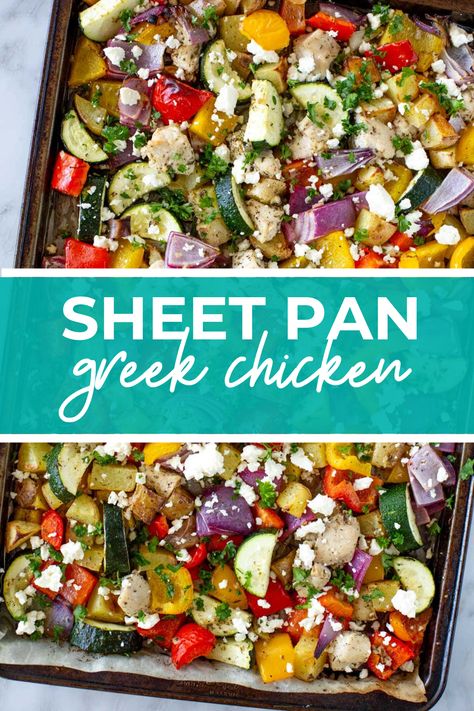 Sheet Pan Greek Chicken {Meal Prep} Chicken Bake With Veggies, Sheet Pan Dinners Greek, Easy Healthy Dinner Sheet Pan, Sheet Pan Summer Dinners, Meal Prep Sheet Pan Meals, Greek Chicken And Veggies Sheet Pan, Chicken Vegetable Meal Prep, Herby Feta Lemon Chicken And Veggie Sheet Pan Dinner, Sheet Pan Chicken Mediterranean