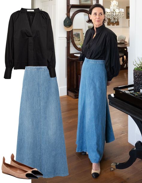 Denim Column Skirt, Long Blue Jean Skirt Outfits, Blue Outfit Combination, Long Denim Skirt Outfit Street Styles, Denim Skirt Street Style, Blue Jean Skirt Outfits, Long Denim Skirt Outfits, Jeans Skirt Outfit, Skirt Outfits For Women