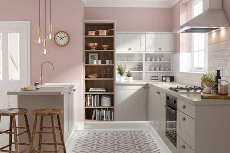 51 Inspirational Pink Kitchens With Tips & Accessories To Help You Design Yours Pink And Grey Kitchen, Pink Kitchen Walls, Pink Kitchen Designs, Wren Kitchens, Pink Kitchens, Pink Kitchen Decor, Wren Kitchen, Серая Кухня, Kitchen Planner