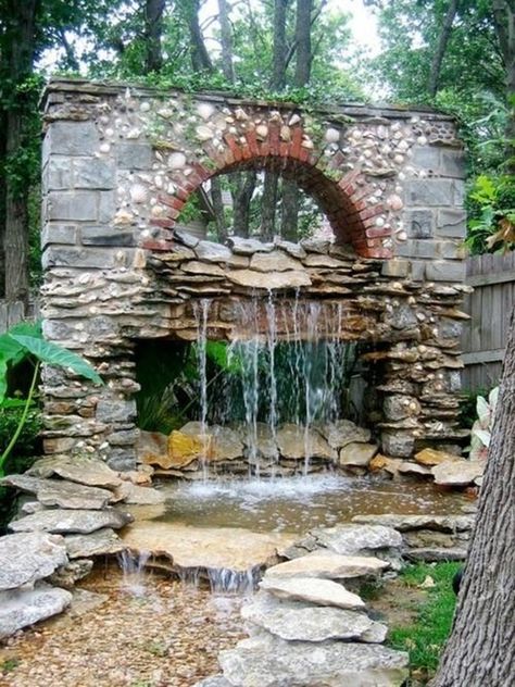 Backyard Waterfalls, Taman Air, Fountains Backyard, Garden Waterfall, Pond Landscaping, Backyard Water Feature, Waterfalls Backyard, Easy Landscaping, Water Features In The Garden