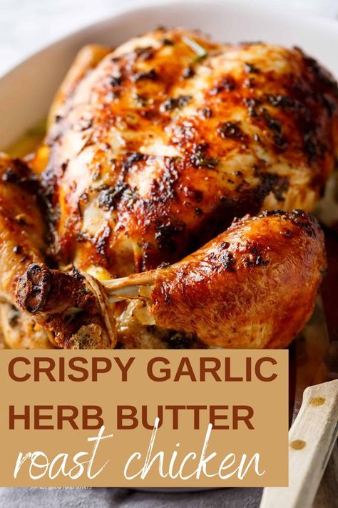 Crispy garlic herb butter roast chicken packed with unbelievable flavours, crispy skin, and so juicy! The perfect protein packed meal that can easily be turned into a meal prep and stored for the rest… More Whole Chicken Recipes Oven, Baked Whole Chicken Recipes, Herb Chicken Recipes, Whole Baked Chicken, Best Roasted Chicken, Chicken With Garlic, Chicken Roast, Crispy Garlic, Oven Chicken Recipes