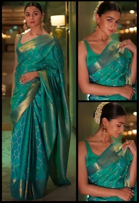 Classic Indian Saree Look, Hairstyle For Banarasi Saree, Designer Sarees For Engagement, Hairstyles For Banarasi Saree, Sari Hair Styles Indian Fashion, Hairstyle For Traditional Saree, Hairstyle For Saree Look, Puja Outfits, Banarasi Saree Look For Wedding