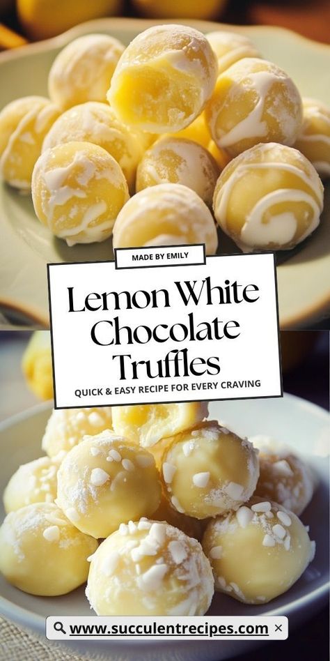 Treat yourself to Zesty Lemon White Chocolate Truffles! These bite-sized delights combine the smoothness of white chocolate with the brightness of lemon, perfect for sharing or enjoying on your own. White Chocolate Melts Recipes, White Colored Food, What To Make With White Chocolate, White Chocolate Lemon Truffles, White Chocolate Treats, White Chocolate Truffles Recipe, White Chocolate Aesthetic, Recipes With White Chocolate, White Chocolate Recipes Desserts