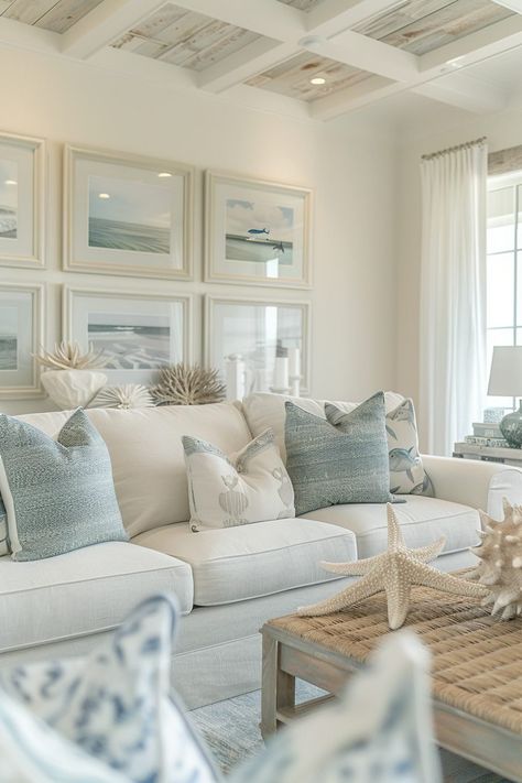 29 Coastal Style Decorating ideas to Refresh Your Home Framed Shells, Hamptons Style Decor, Modern Coastal Living Room, Blue And White Living Room, Coastal Style Decorating, Beach House Living Room, Coastal House, Condo Decorating, Coastal Lifestyle