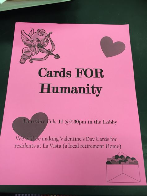 Cards for Humanity RA program. We made cards for a local retirement home and they were delivered on Valentine's Day. #RA #valentinesday #CA #reslife #programideas, #RAprograms February Ra Programs, Ra Valentines Day Program, Hall Council Events, Hosa Activities, Dorm Activities Resident Assistant, Ra Ideas Programming, Ra Program Ideas Activities College Students, Program Ideas Resident Assistant, Ra Floor Events