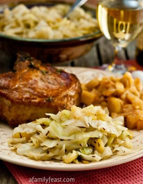 Braised Cabbage and Apples - A Family Feast® Apples And Cabbage Recipe, Kapusta Recipe, Cabbage And Apples, Sausage Strata, Vegetable Paella, Sweet Potato Cauliflower, Cabbage Side Dish, Quinoa Risotto, Cabbage Dishes