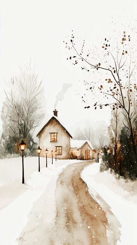 Enchanting snowy path lined with twinkling lanterns, leading to a cozy cabin illuminated with warm lights, evoking a joyful Christmas spirit. Christmas Cabin Wallpaper, Cozy Home Wallpaper, Watercolor Paintings Winter, Christmas Art Wallpaper, Winter Watercolor Paintings, Painting Ideas For Christmas, Illustration Art Christmas, Cozy Background, Watercolor Drawing Ideas