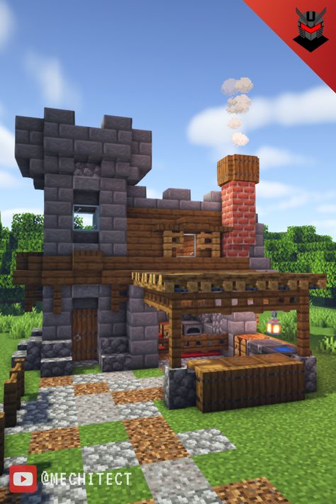 Smeltery Minecraft Design, Minecraft Smithy Ideas, Tool Smith House Minecraft, Minecraft Village Blacksmith, Blacksmith Minecraft Build, Minecraft Black Smith House, Minecraft Blacksmith Forge Ideas, Minecraft Rustic House Ideas, Minecraft Stone Mason Shop