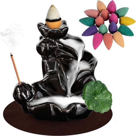 DK177 Waterfall Incense Holder Backflow Cone Ceramic Burner Handcrafted Porcelain Censer Incense Stick Stand with 20 Free Cones Inscent Burner, Insence Burner, Dragon Incense Burner, Waterfall Incense, Tabletop Water Fountain, Backflow Incense, Zen Decor, Incense Sticks Holder, Candle Ideas