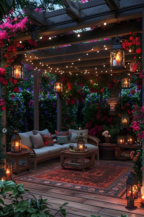 Sims Rooftop, Cabin Patio Ideas, Pergola Decorating Ideas, Colourful Gardens, Garden Seating Ideas, Rooftop Decor, Cabin Patio, Outdoor Awnings, Backyard Inspiration