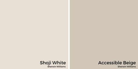 Shoji White by Sherwin Williams is a warm white with the perfect blend of grey and beige undertones, while still giving you all the brightness you need. Greek Villa And Shoji White, Accessible Beige Paint Palette, Shoji White Trim Exterior, Shoji White With Accessible Beige, Shoji White Sherwin Williams Bathroom, Shoji White Vs Accessible Beige, Accessible Beige And Shoji White, Sherwin Williams Accessible Beige Cabinets, Gossamer Veil Sherwin Williams Cabinets