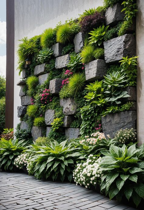 31 Gorgeous Rock Garden Ideas For Your Outdoor Oasis Vertical Rock Garden, Outdoor Garden Design Ideas, Outdoor Wall Design Ideas, Wall Landscape Design, Rockery Garden Ideas, Garden Feature Wall, Outdoor Wall Garden, Landscape Ideas Backyard, Garden Wall Ideas