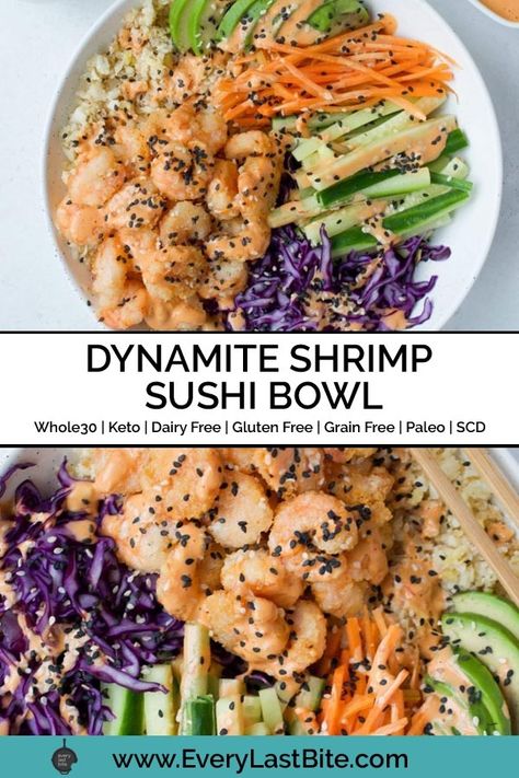 Paleo Shrimp Bowl, Grain Gluten Free Recipes, Cauliflower Poke Bowl, Sushi Recipes Bowl, Shrimp Grain Bowl, Gluten Free Sushi Recipes, Cooked Sushi Bowl, Gluten Free Grain Bowls, Non Fish Sushi Recipes