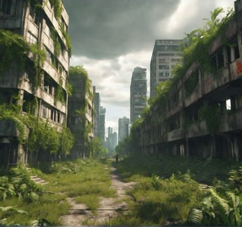 City Ruins Aesthetic, Overgrown Apocalypse Aesthetic, Fantasy Abandoned City, Post Apocalyptic Art Ruins Cities, Ruined City Aesthetic, City Overtaken By Nature, Overgrown City Concept Art, Overgrown City Art, Abandoned City Concept Art