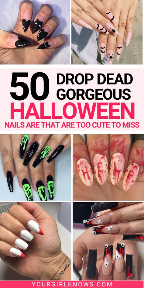 'Tis the season for all things spooky, but if you're looking for something a bit softer and cuter, check out these 50 incredibly INSANELY SPOOKY YET CUTE Halloween nails! Get creative and show off your spook-tacular style this Halloween with one of these fabulous nail designs! Halloween Nails Art Designs, Black Witchy Nail Designs, Goth Nails Almond Shape, Nails For Halloween Acrylic, Short Square Acrylic Nails Halloween, Halloween Horror Nights Nails, Horror Movie Nails Halloween, Spooky Season Nails Acrylic, Spooky Halloween Nail Designs