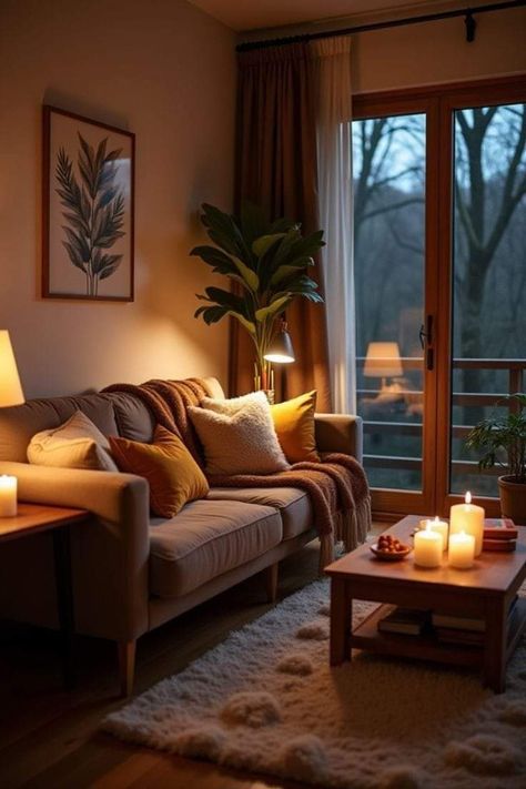 Cosy Living Room Minimalist, Cozy Living Room Candles, Cozy Earth Tone Living Room, Cozy Colourful Living Room, Small Cozy Apartment Living Room, Warm Decor Living Room, Cozy Simple Living Room, Neutral Warm Living Room, Aesthetic Living Room Ideas Apartment