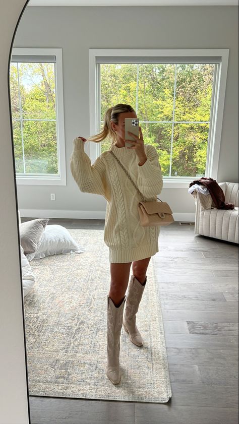 Call Sweater Outfit, Over Sized Sweater Dress Outfit, Cream Color Sweater Outfits Fall, Classy Sweater Dress Outfit, Bodycon Sweater Dress Outfits, Western Sweater Dress Outfits, Sweater Dress Holiday Outfit, Christmas Dinner Outfit Classy Casual, White Western Boots Outfit Winter