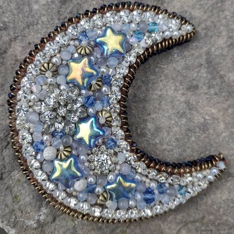 Moon Bead Embroidery, Space Textiles, Beaded Moon, Moon Altar, Moon Beads, Moon Brooch, Clothing To Make, Artist Research, Beadwork Embroidery