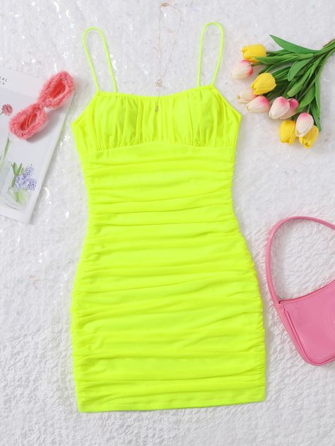 SHEIN EZwear Solid Ruched Mesh Bodycon DressI discovered amazing products on SHEIN.com, come check them out! Mode Purple, Mesh Slip Dress, Lime Green Dress, Vibrant Dress, Neon Dresses, Neon Outfits, Comfy Jumpsuits, Mesh Bodycon Dress, Slim Fit Dresses