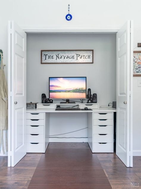 Closet To Office Conversion, Closet Desk Ideas, Closet To Office, Closet Turned Office, Ikea Alex Desk, The Navage Patch, Alex Desk, Countertop Desk, Alex Drawers