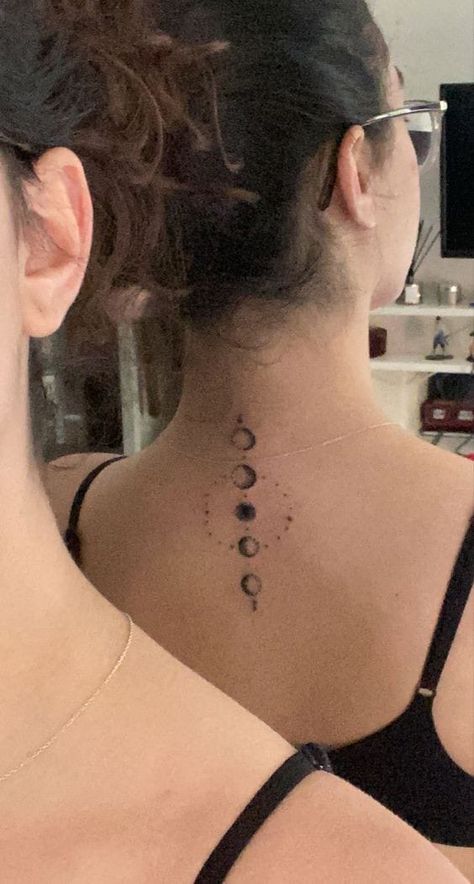 Moon Phases Tattoo With Quote, The Phases Of The Moon Tattoo, Moon Phase Hip Tattoo, Moon Phases Back Tattoo Women, Moon Phases On Spine, Back Moon Phases Tattoo, Phases Moon Tattoo, Moon Tattoo Neck Back, Moon Phases Tattoo Placement