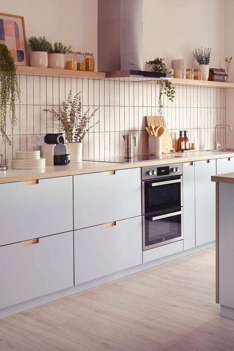 A serene shoot kitchen for Lux Studio London - a photographic and video studio in East London.  Plykea Formica Arctic Blue birch plywood kitchen fronts paired with semi-recessed handles and a Formica Soft White worktop, to customise an IKEA kitchen 🖤. All using IKEA Metod or Sektion cabinets.  #plywoodkitchen #birchplywood #plywood #ikeahack #kitchenideas #kitchentrends  📷 Lux Studio London Two Tone Kitchen Cabinets Ikea, Semihandmade Kitchen Ikea Cabinets, Fröjered Ikea, Frojered Kitchen, White Kitchen Wooden Worktop, Semi Handmade Kitchen, Ikea Kitchen Layout, Askersund Ikea Kitchen, Plywood Worktop