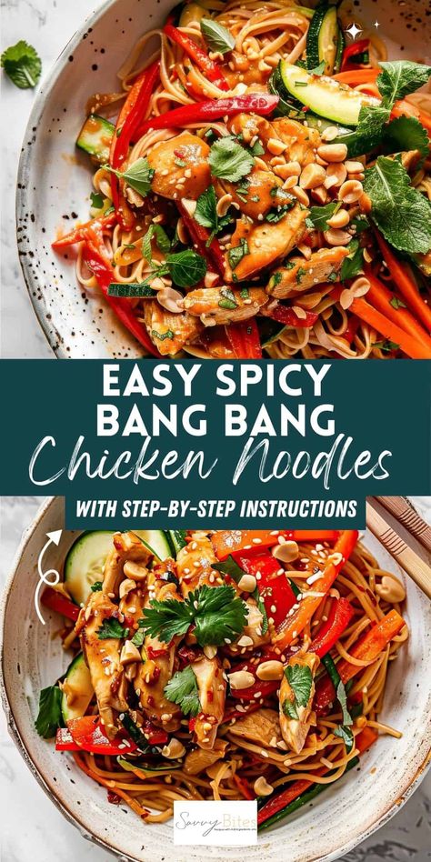 Make these flavorful spicy noodles with bang bang chicken for a delicious Asian-inspired meal. This easy recipe uses Aldi ingredients and is a must-try for noodle lovers. Dinner Recipes With Rice Noodles, 15 Minutes Meals, Bang Bang Noodles Recipe, Bang Bang Noodles, Asian Chicken Noodle Recipes, Rice Noodles With Chicken, Veggies And Noodles, Chicken Rice Noodles, Aldi Meals