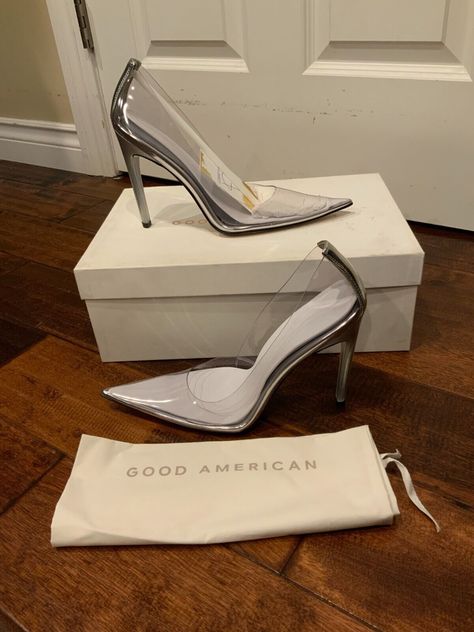 Good American Clear/Silver "Glass" Cinderella Pumps Heels w/ Box, Size 10 Clear High Heels Cinderella, Crystal Heels Cinderella, Glass Shoes High Heels Cinderella, Silver Sandals Heels, Cinderella Heels, Cinderella Glass Slipper, Clear Wedges, Cinderella's Glass Slipper, Clear Mules