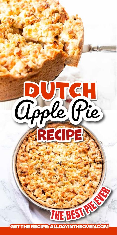 Dutch apple pie in a baking tin and a slice of apple pie. Crumb Top Apple Pie Recipe, Easy Dutch Apple Pie, Dutch Apple Pie Topping, Apple Pie With Crumb Topping, Crumb Topping Recipe, Spark Recipes, Dutch Apple Pie Recipe, Apple Crumb Pie, Apple Pie Recipe Homemade