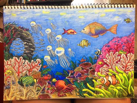 Water Fish Drawing, Under Water Drawing, Coral Reef Painting, Under The Sea Drawings, Coral Reef Drawing, Reef Painting, Sea Murals, Underwater Drawing, Coral Painting