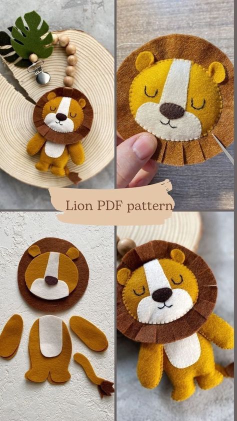 Felt Crafts For Kids, Felt Lion, Lion Toys, Lion Pattern, Diy Baby Mobile, Felt Toys Patterns, Felt Animal Patterns, Felt Crafts Patterns, Felt Crafts Diy