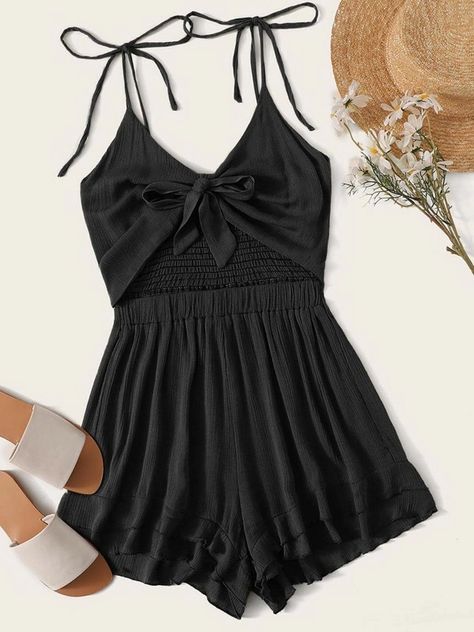 Tie Front Shirred Ruffle Hem Cami Playsuit | SHEIN USA Skater Girl Fits, 2023 Summer Outfits, Spaghetti Strap Rompers, Cami Romper, Cute Shopping, Black Playsuit, Teen Outfits, Black Clothes, Ruffle Romper