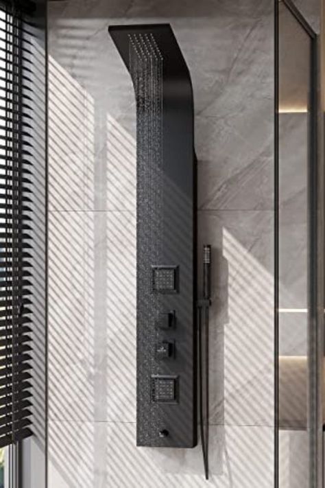 Black Aluminum Shower Panel for the Modern Bathroom - Monsoon Full Body Shower System. Bathroom Suites Modern, Modern Shower Design Tile, Full Body Shower System, Jet Shower Bathroom, Shower Tower Systems, Electric Showers Modern, Smart Shower Ideas, Modern Shower System, Shower Systems With Jets