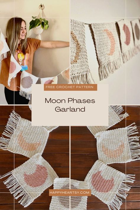 Free Crochet Moon Phases Garland Metaphysical Crochet, Moon Phases Crochet, Crochet Moon Phases, Crochet Room Decor, Crochet Moon, Crochet Room, About Moon, Crochet Graphs, Foundation Single Crochet