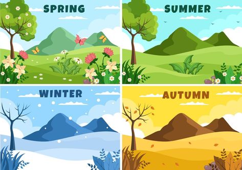 4 Seasons Wallpaper, Summer And Winter Drawing, Summer Season Cartoon Images, Four Seasons Landscape, 4 Seasons Landscape, Four Season Illustration, Spring Summer Autumn Winter Art, 4 Season Illustration, 4 Seasons Illustration