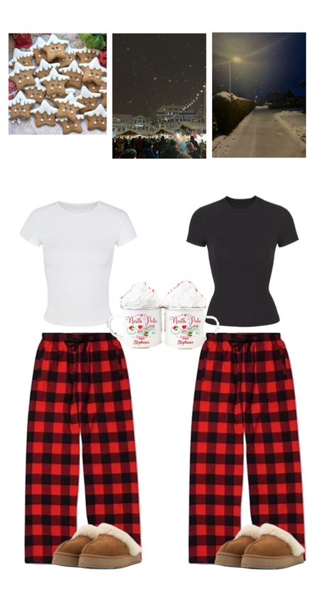 Red And Black Pajama Pants Outfit, Christmas Leggings Outfit Ideas, Christmas Pj Pants Outfit, Christmas Pajama Pants Outfit, Red Pajama Pants Outfit, Pajamas Aesthetic Outfit, Pajama Pant Outfits, Christmas Party Outfits School, School Pj Day Outfits