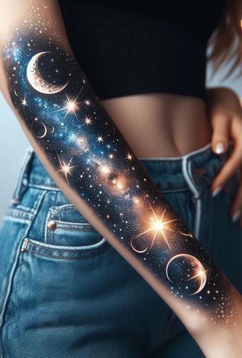 Half Sleeve Space Tattoos, Galaxy Tattoo Ideas Universe, Space And Stars Tattoo, Galaxy Tattoo Back, Galaxy Arm Tattoo, Galaxy Sleeve Tattoos For Women, Star Galaxy Tattoo, Universe Tattoo Sleeve, Night Sky Tattoo Sleeve