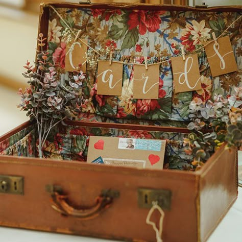 Wedding Card Suitcase, Suitcase Card Box, Vintage Suitcase Wedding, Woodland Themed Wedding, Suitcase Decor, Card Table Wedding, Wedding Card Holder, Summer Wedding Ideas, Vintage Suitcase