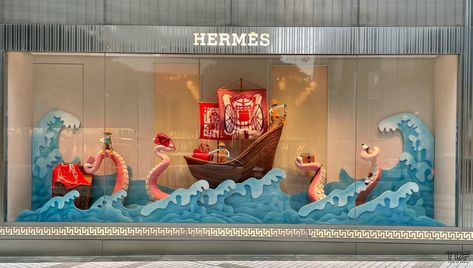 Window Displays | Hermes - Resort 2021 Ready-to-Wear collection Hermes Window, Summer Window Display, Window Display Retail, Summer Window, Store Window Displays, Window Display Design, Store Window, Merchandising Displays, Shop Window Displays