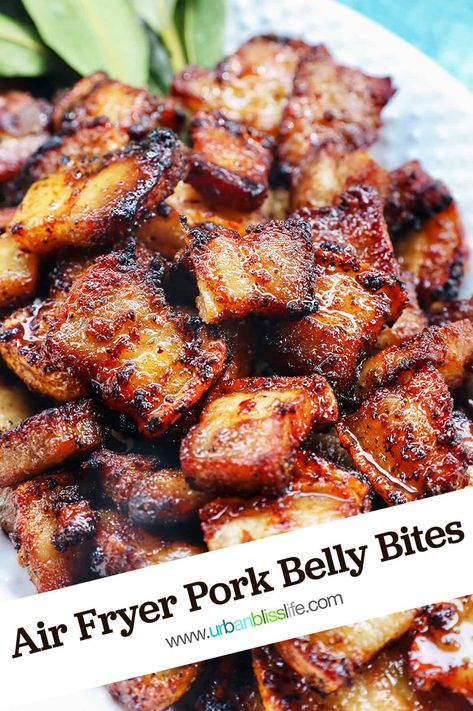 Air Fryer Pork Belly Bites are easy to make and fast: they cook in less than 30 minutes! Perfect for pork belly ramen, pork belly rice bowls, pork belly salad, or as an appetizer on its own. Recipe at UrbanBlissLife.com. Pork Belly Recipes Easy, Air Fryer Pork Belly, Pork Belly Bites, Pork Belly Recipes Crispy, Air Fryer Recipes Pork, Fried Pork Belly, Pork Belly Slices, Air Fryer Pork, Pork Belly Recipes