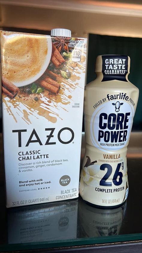 Chai Tea Protein Shake, Hot Chai Tea Latte Starbucks, Protein Chai Tea Latte, Core Power Protein Shake Recipe, Tazo Chai Tea Latte Recipe, Chai Protein Shake, Protein Coffee Recipes, Protein Hacks, Core Power Protein Shake