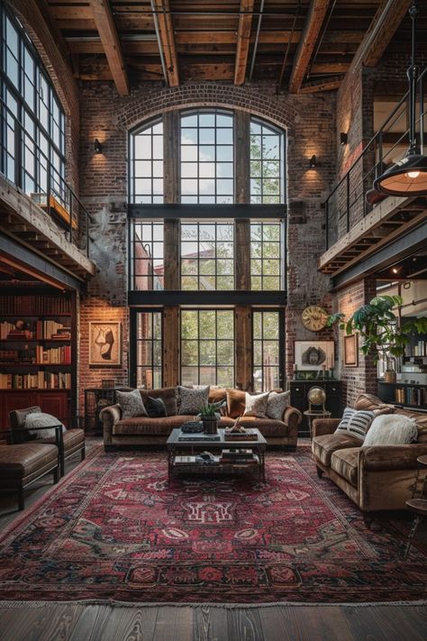 29 Industrial Living Room Ideas 16 Living Room Rug Industrial, Warehouse Interior Design, Industrial Living Room Ideas, Industrial Homes, Dark Apartment, Apocalypse Landscape, Industrial Style Living Room, Industrial Living Room, Industrial Glam