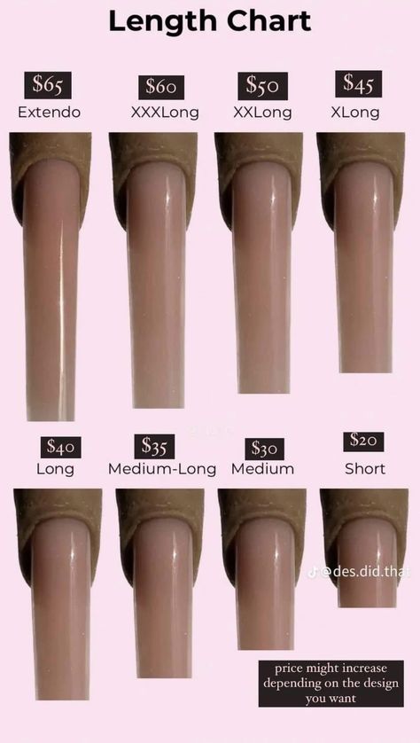 Nail Sizes Shape Chart Long, Square Nail Sizes, Acrylic Nail Chart Length, Nails Acrylic Length Chart, Square Nails Length Chart, Acrylic Nails Length Chart Square, Length Nails Chart, Different Types Of French Tip Nails Chart, Acrylic Nail Sizes Chart Length