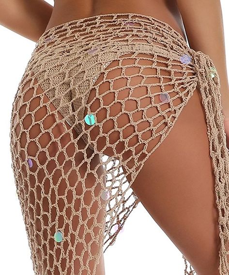 BeadChica Women Crochet Beach Cover up Fishnet Sarong Wrap With Shells Pailletes Seashell Crochet, Crochet Fishnet, Wrap Swimwear, Crochet Beach Cover Up, Beach Wardrobe, Crochet One Piece, Sarong Wrap, Beach Sarong, Crochet Cover Up