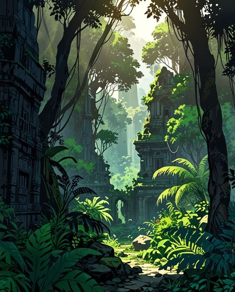 "Forgotten City in a Jungle" #aiart #animeillustration #illustrationart #illustration #illustrator #art #design #drawing #painting #artwork #generativeartworks Jungle Design Illustration, Realistic Drawings Ideas, Jungle Artwork, Jungle Drawing, Jungle Aesthetic, Ideas Background, Earthy Art, Jungle Landscape, Jungle Background