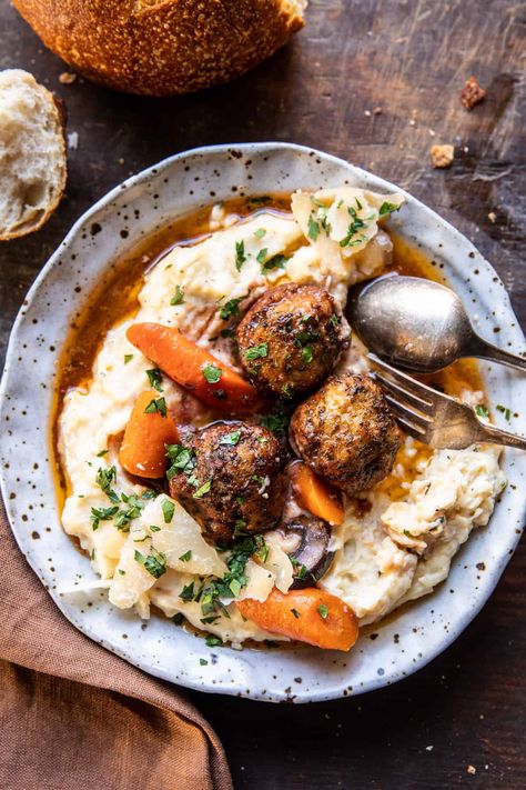 Crockpot Coq au Vin Meatballs | halfbakedharvest.com Coq Au Vin Meatballs, Crockpot Coq Au Vin, Half Baked Harvest Chicken, Meatballs Crockpot, Salad Appetizer Cups, Half Baked Harvest Recipes, Crock Pot Meatballs, Slow Cooker Pasta, Classic French Dishes