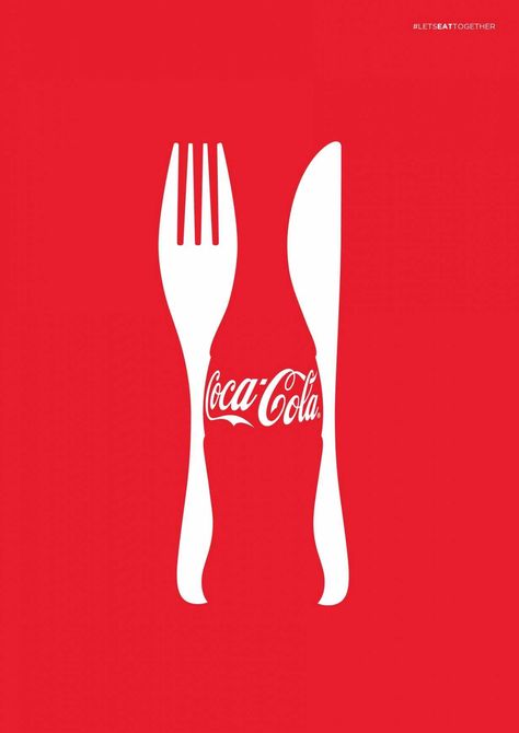 This coke ad shows a perfect example of gestalt defining qualities. The fork and knife are used to create an outline of what looks like a coke bottle. The red background in contrast to the white as well creates the coke logo, fork, and knife as well Poster Grafico, Negative Space Art, Negative Space Design, Café Design, Fork And Knife, Clever Advertising, Coca Cola Ad, 광고 디자인, Publicidad Creativa