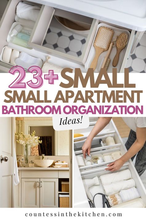 Small Apartment Bathroom Organization Small Apartment Bathroom Storage, Apartment Bathroom Storage, Kitchen Small Apartment, Apartment Bathroom Organization, Small Apartment Organization, Apartment Ideas On A Budget, Bathroom Drawer Organization, Small Apartment Bathroom, Organized Bathroom