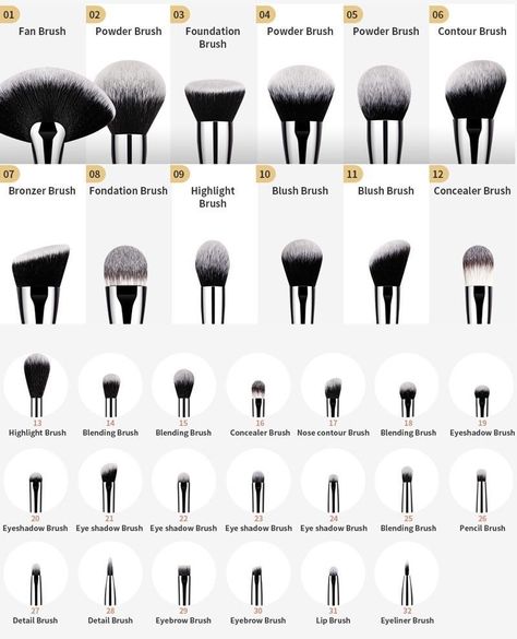 Brush Makeup Guide, Different Brushes For Makeup, Brushes Uses Makeup, Face Makeup Brushes Guide, Makeup Brush Chart, All Makeup Brushes And Uses, What Each Makeup Brush Is For, Contour Makeup Brushes, Small Blending Brush